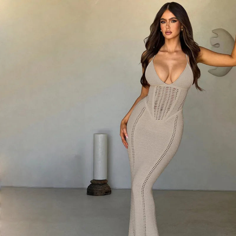 Knitted Hollow Out Bandage Maxi Dress - Women Sleeveless Bodycon Dress