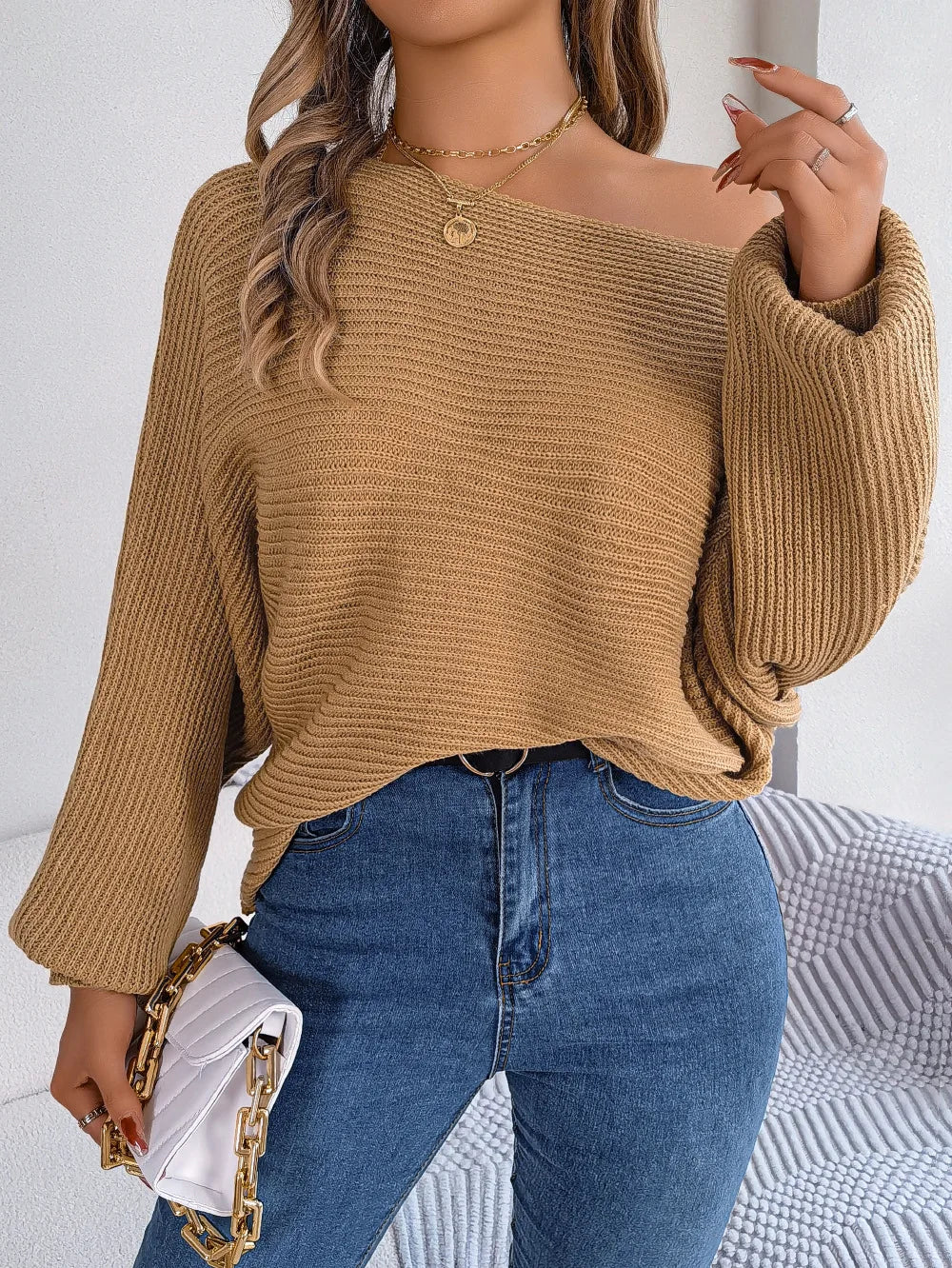 Women's Off the Shoulder Bat Sleeve Jumper - Stylish Winter Sweater