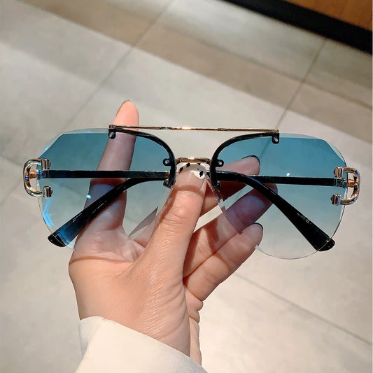 Unisex Vintage Rimless Classic Double Bridge Pilot Gradient Sunglasses