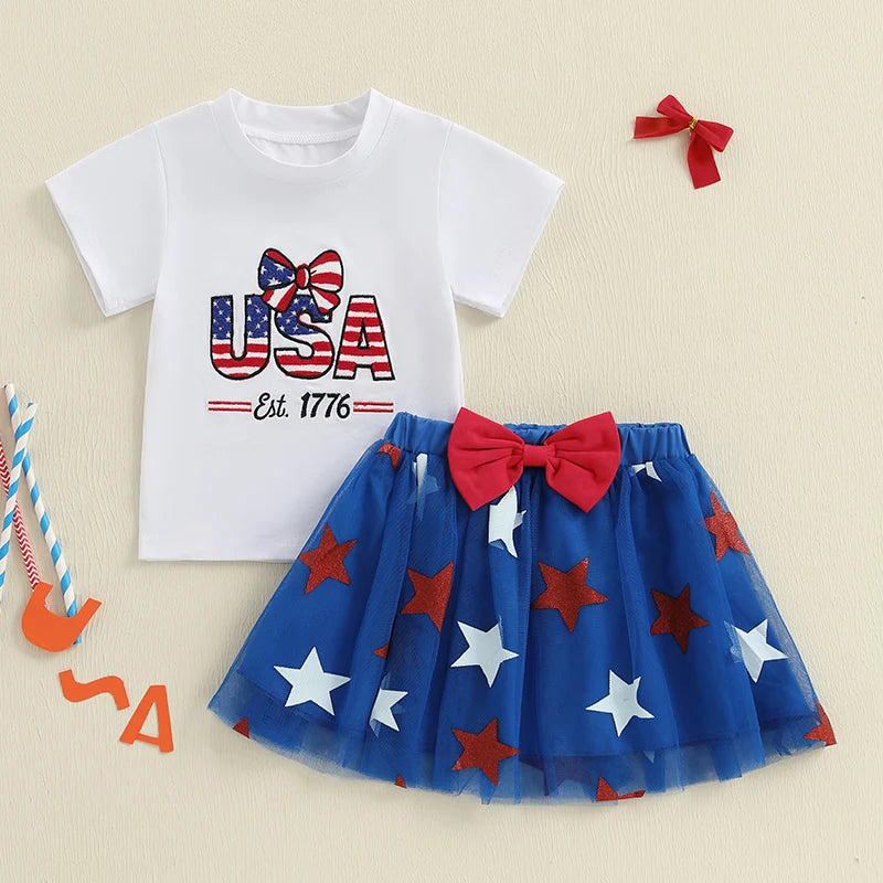 0-4Y Summer Kids Girls USA Clothes Set Short Sleeve Letter Bow Embroidery T Shirts Star Tulle Skirt