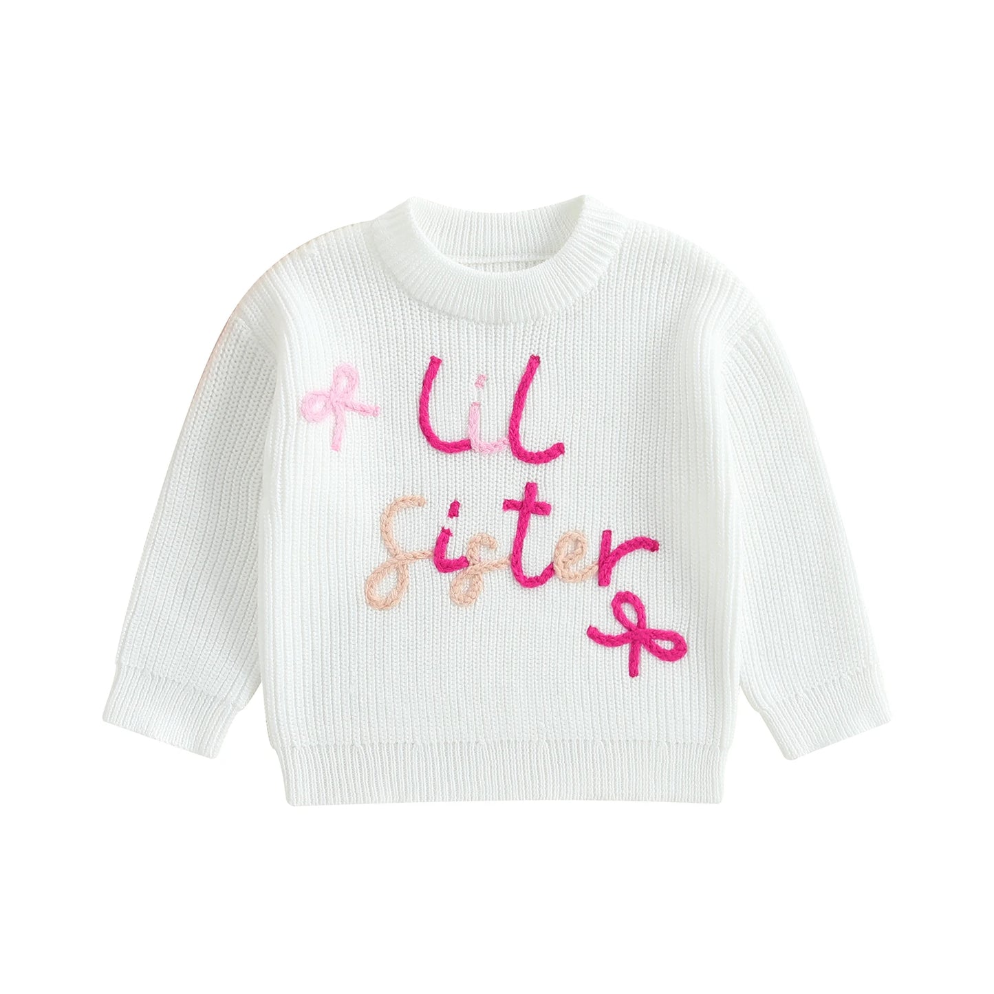 0-3Y Baby Girls Sister Sweater Letter Bowknot Embroidery Crew Neck Long Sleeve Kids Pullovers Casual Top