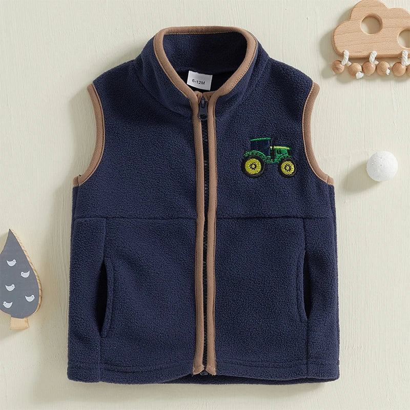 Toddler Boy's Autumn Vest - Sleeveless Zip-Up Tractor Embroidery Fleece Jacket