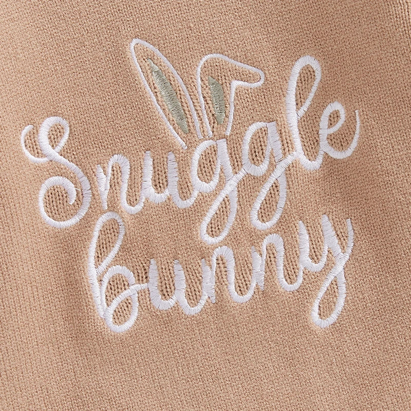 Baby Unisex Knit Long Sleeve Romper | Letter & Rabbit Festival Print | O-Neck | Covered Button | Cotton Blend | All Seasons | 3–18 Months