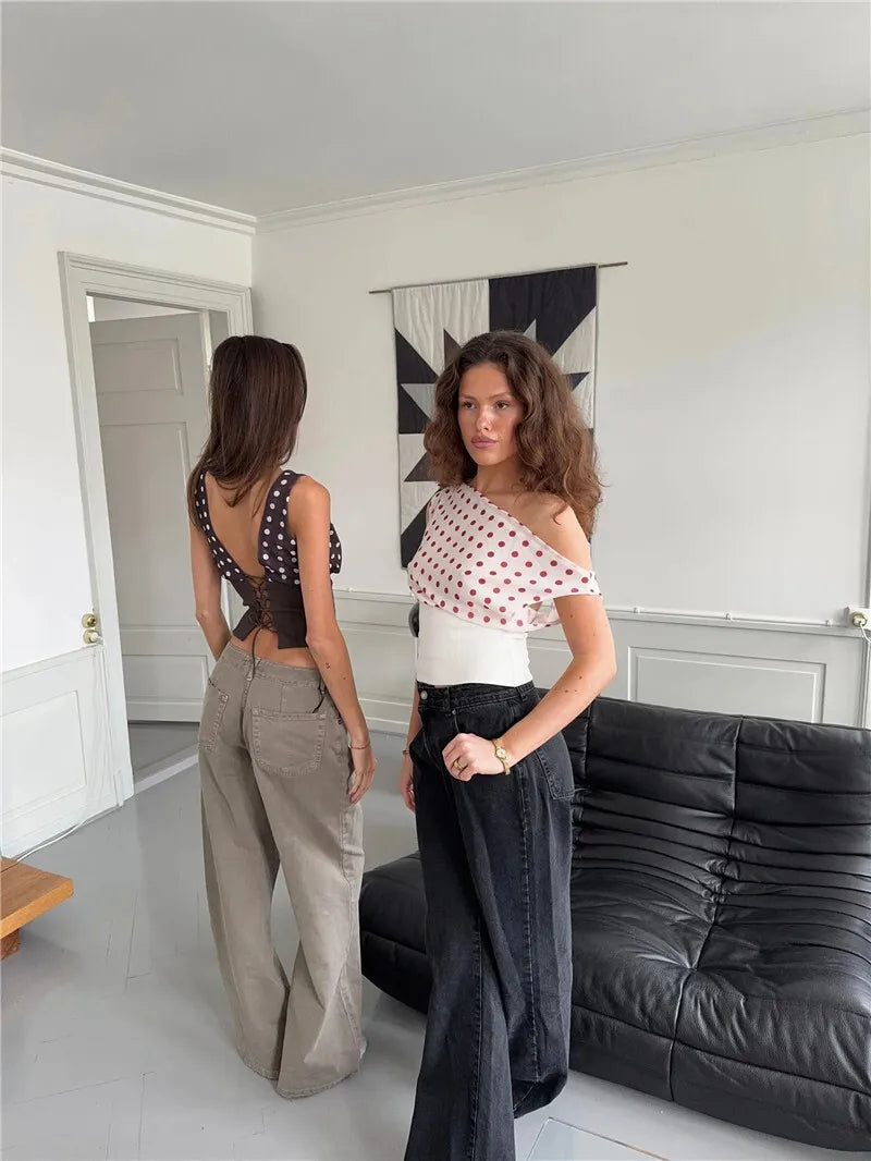 Women's Backless Polka Dot Crop Top Summer New Oblique Shoulder Sleeveless Tank Top