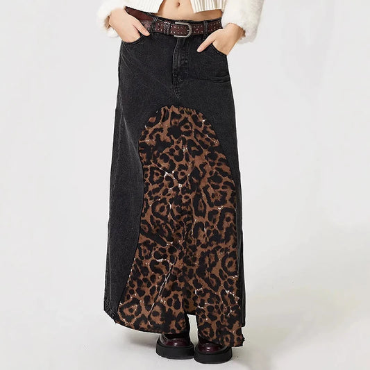 Women's Leopard Splice Denim Versatile Midi High Waist Slit Print Skirt