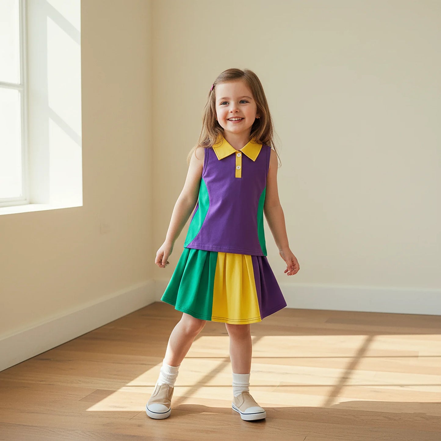 Girls Mardi Gras 2-Piece Outfit - Contrast Lapel Tank Top & Skirt Set