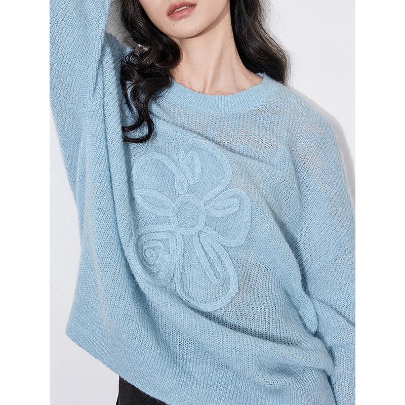 Women Knitted Flower Pattern Horse Hairy Long Sleeve Lazy Style Pullover Sweater