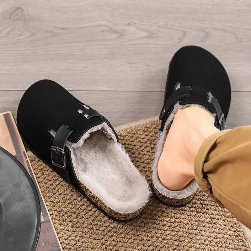 Winter Plush Slippers - Men's Warm Closed Toe Buckle Design Clogs