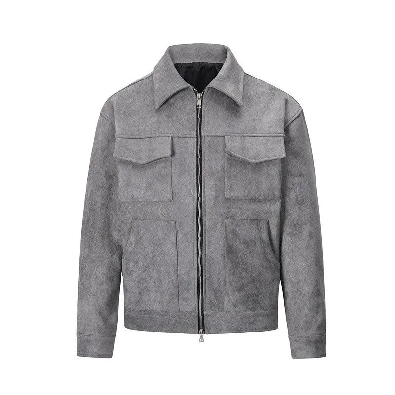 Men's Vintage Suede Material Crock With Zipper Lapel Casual Short Jacket