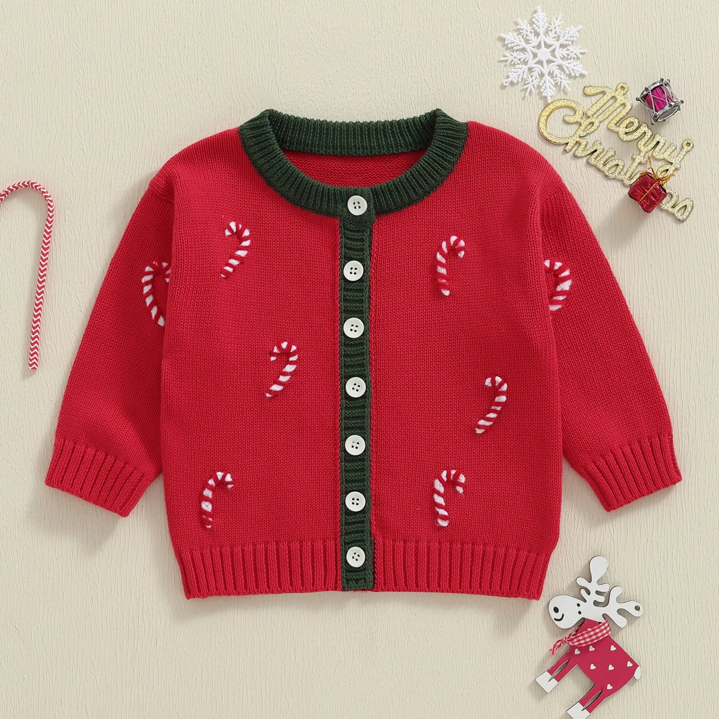 Toddler Baby Christmas Cardigan Sweater - Long Sleeve Button Down Candy Cane Embroidery