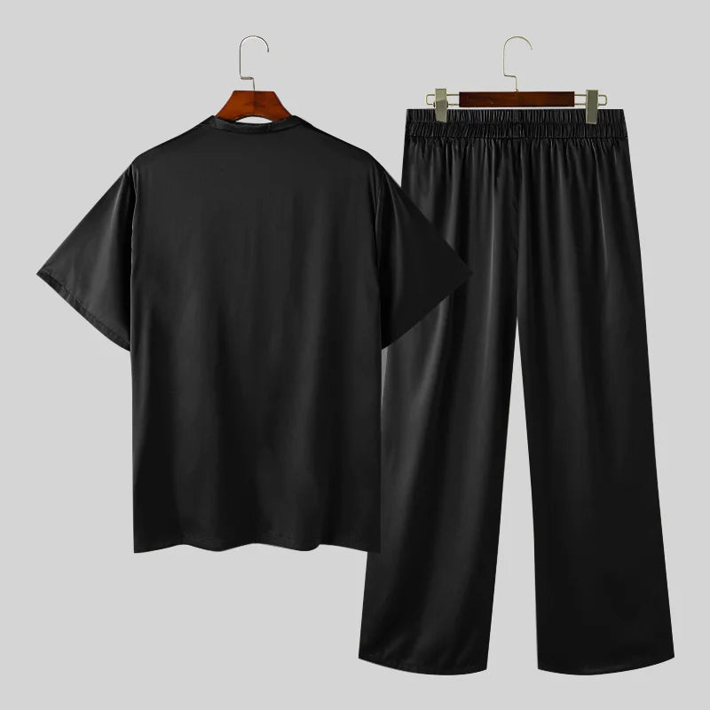 Men Summer Solid Colour Satin Lapel Short Sleeve Shirt & Trousers Two Pieces Set