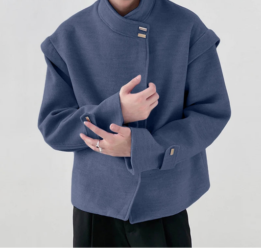 Men's Solid Simple Metal Buckle Design Jacket Coat Long Sleeved Jacket