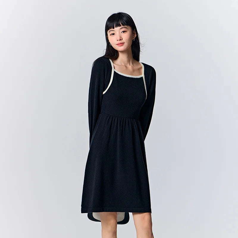 Women's Color Block Knit Dress - Square Neck French Style Slim Fit Winter 2025