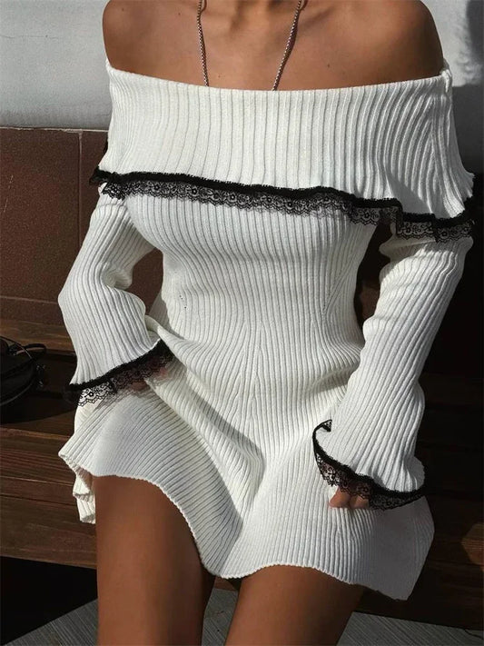 Women's Knit Off-Shoulder Sweater Mini Lace Patchwork Ribbed Slim Backless Elegant Party Knitwear Dress