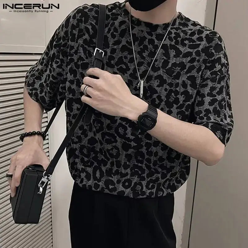 Men's Leopard Print Round Neck Short Sleeve Loose T-shirt