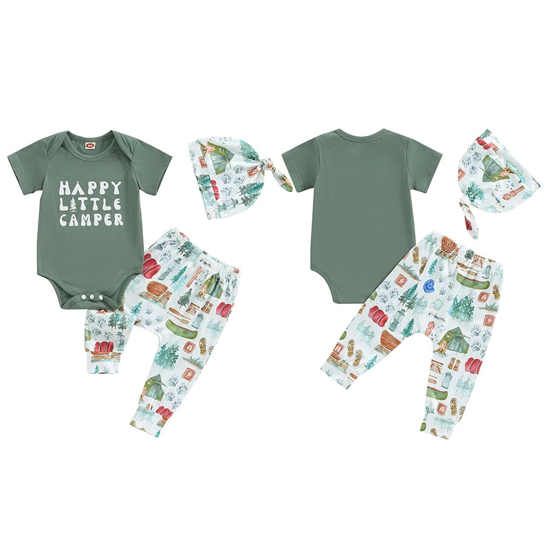 0-12M Newborn Baby Boys Clothes Set - Letters Print Short Sleeve Romper with Trousers and Hat Outfit