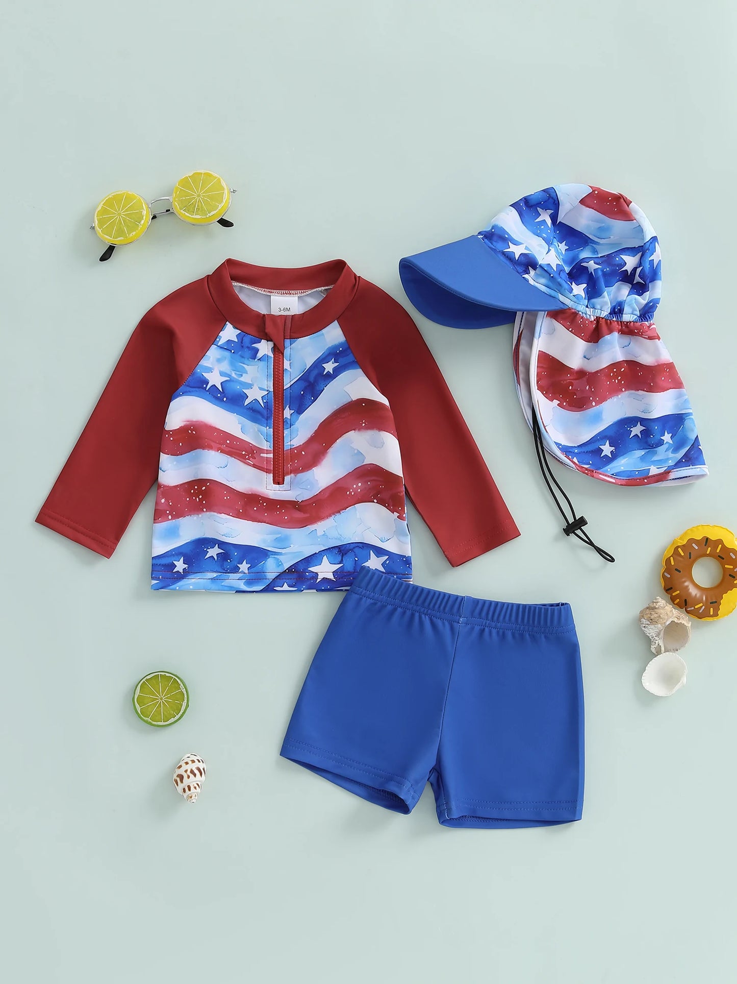 0-5Y American Flag Kids Boys 4th Swimwear Clothes Sets Long Sleeve Stars Print T-shirt with Shorts and Hat