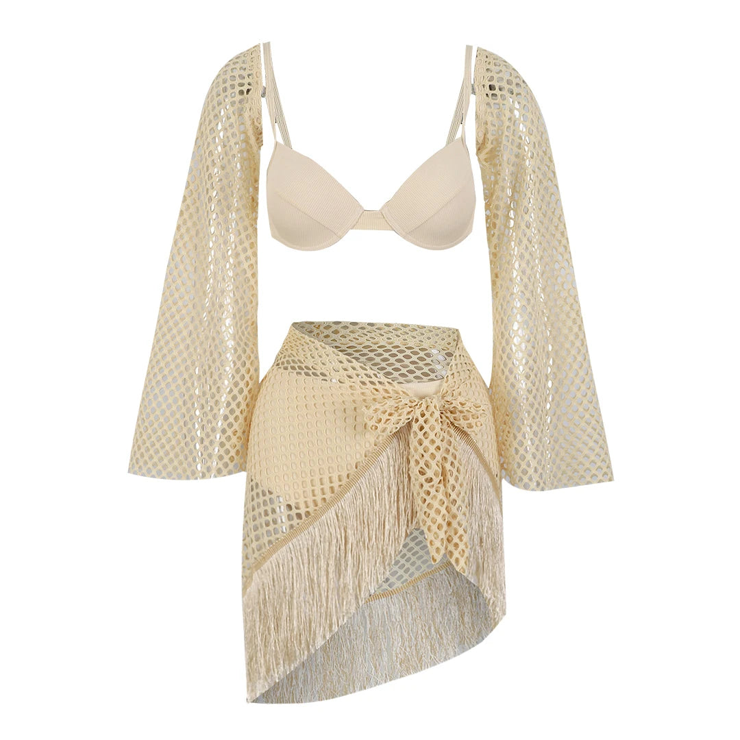 Women's 3-Piece Tassel Swimwear Set - Long Sleeve Top & Mini Skirt Cover Up