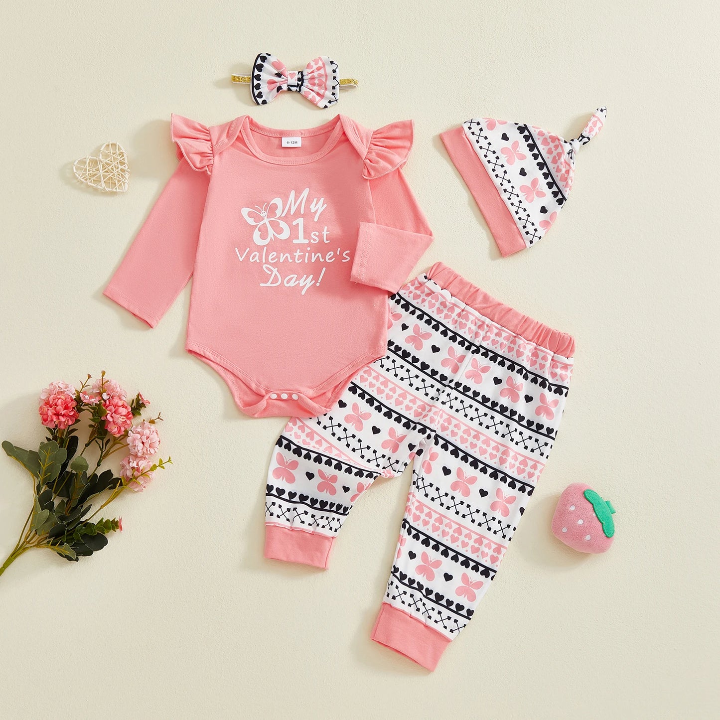Newborn Baby Girls Boys Valentine's Day Outfit Set - Letter Print Romper with Butterfly Pants & Accessories 0-12M