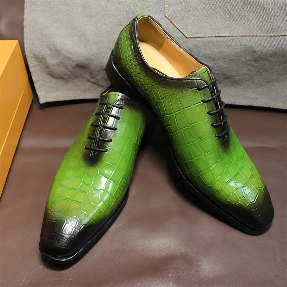 Men's Genuine Cow Leather Crocodile Print Business  Formal Wedding Shoes