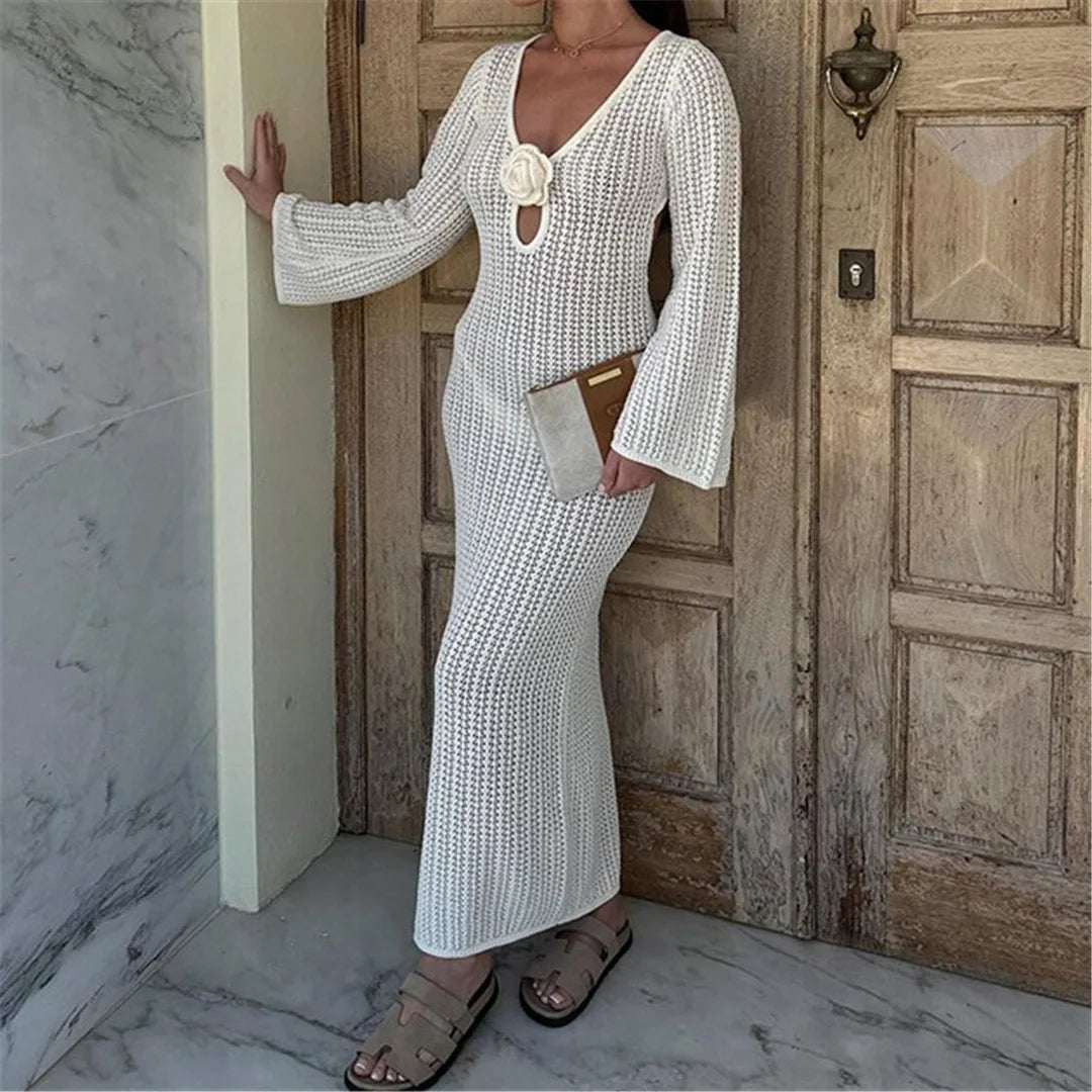 3D Flower V Neck Crochet Knitted Beach Cover Up Tunic