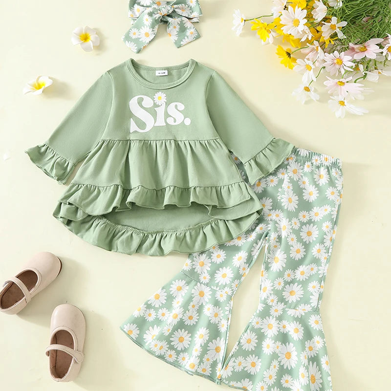 0-4Y Girls Letter Print Long Sleeve Ruffled Dress Tops Sunflowers Flare Pants and Headband