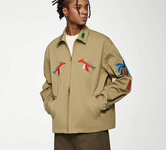 Unisex Cartoon Embroidery Shorten American Turn Down Outerwear Jacket