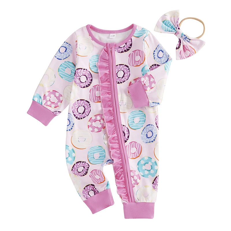 0-12M Baby Girls Romper Outfits Long Sleeve Doughnut Print Ruffle Zipper Jumpsuit with Headband