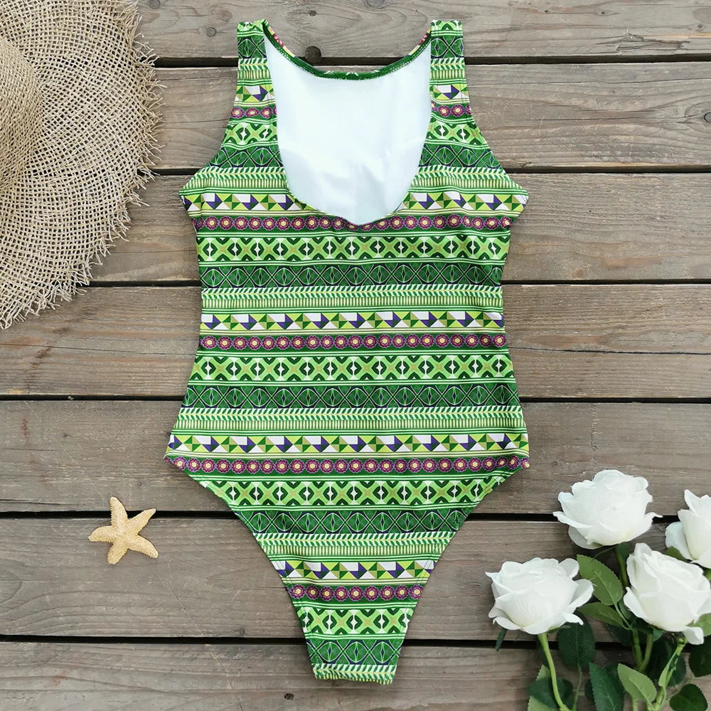 Women's Print One Piece Swimsuit Vintage Retro Backless Monokini