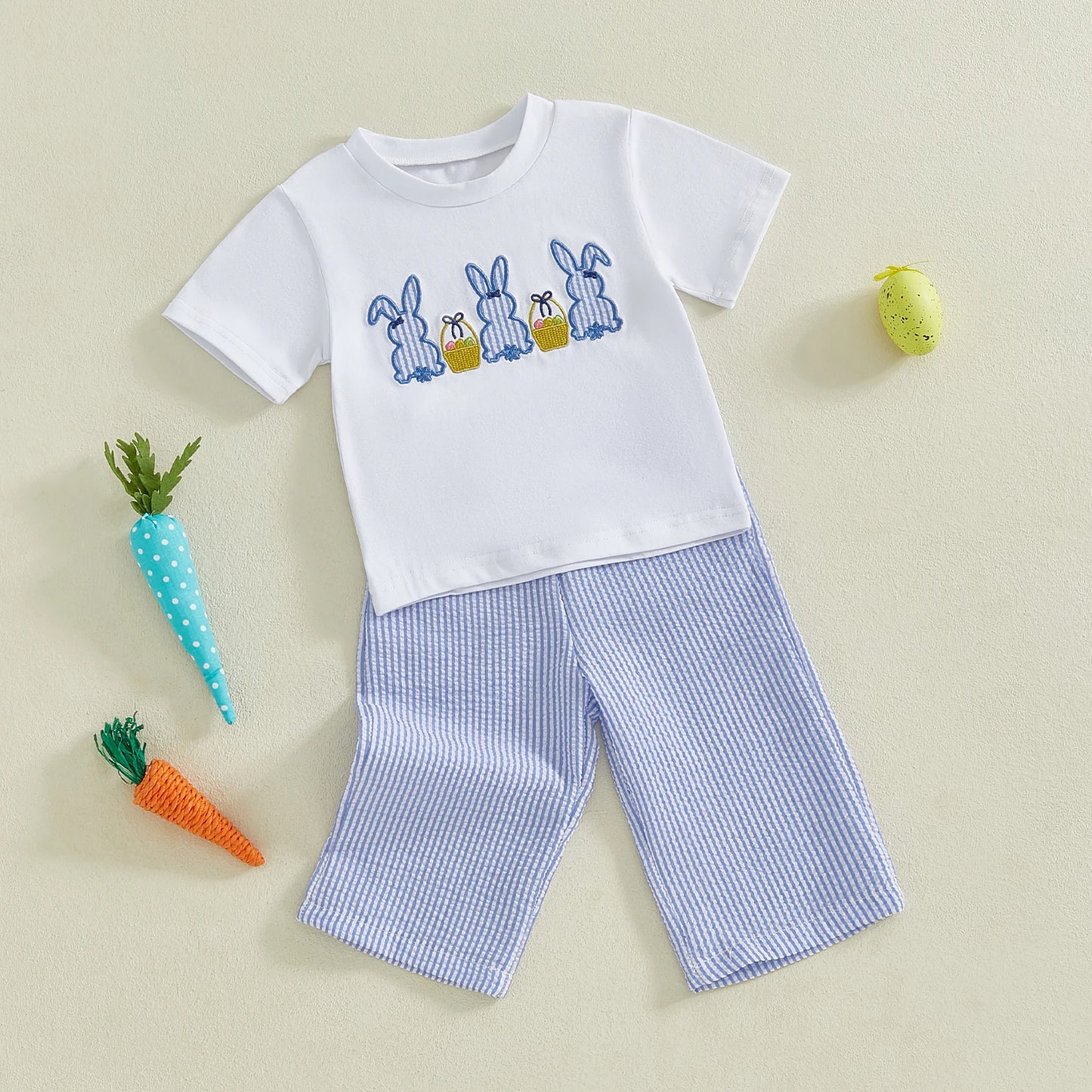 0-4Y Toddler Kids Boys Easter Clothes Sets Short Sleeve Rabbit Embroidery T Shirts Plaid/Striped Pants Set