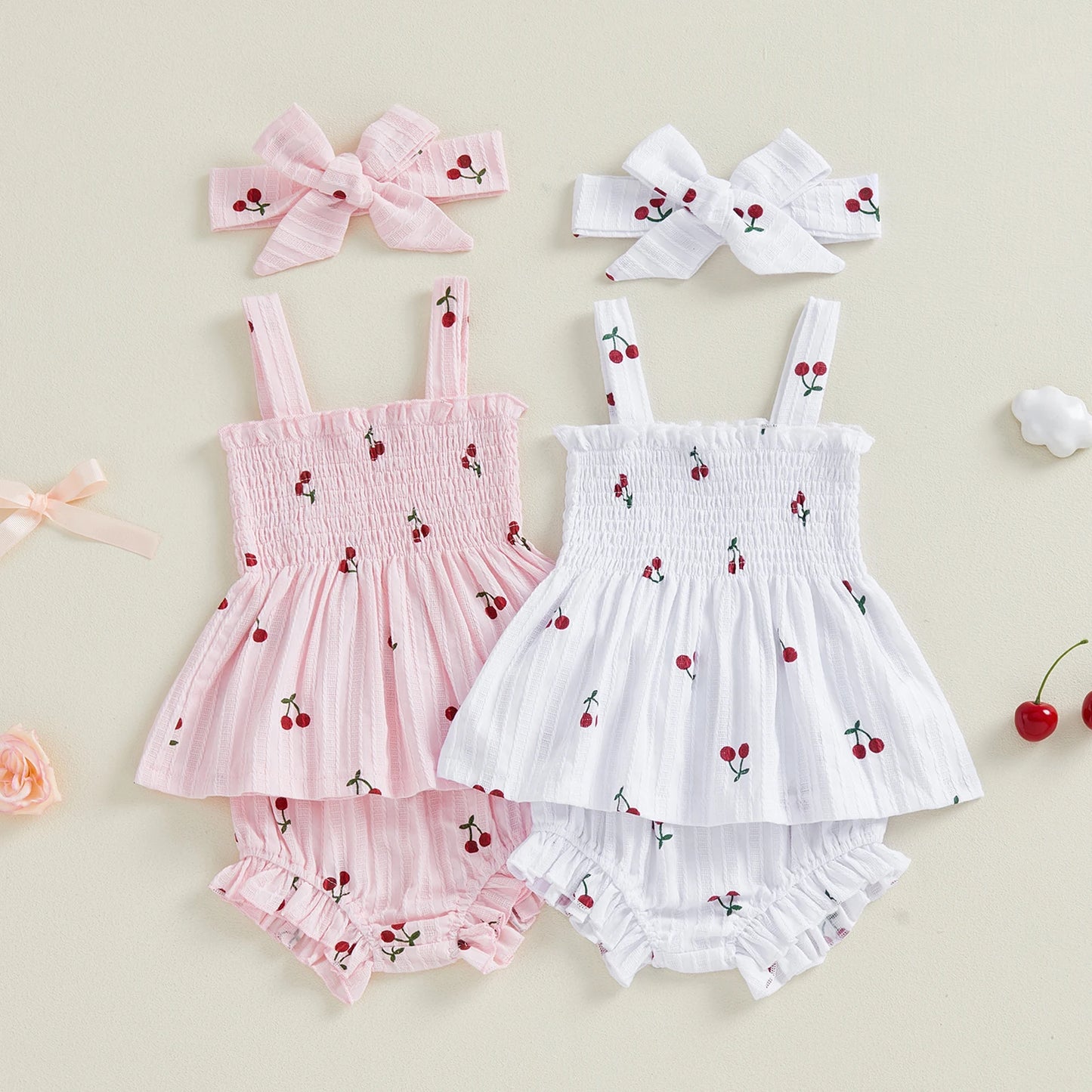 Baby Girls Summer Outfit Set - Cherry Print Square Collar Top with Ruffled Shorts & Headband 0-24M