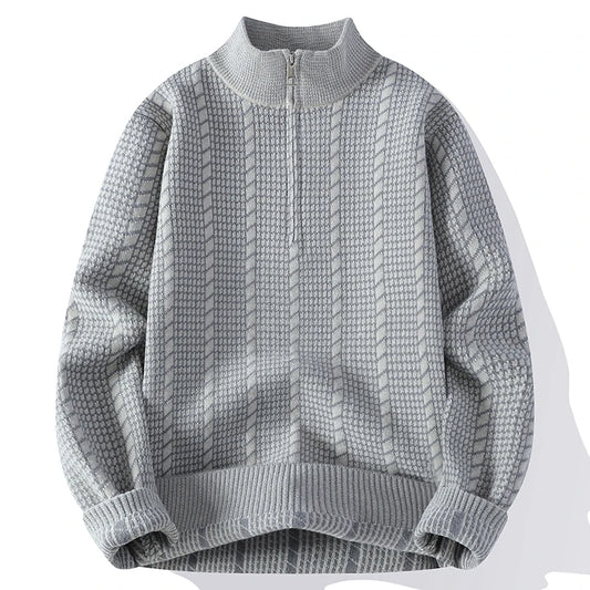 Men's Stand Collar Knitted Sweater - Loose Fit Solid Colour Pullover for Autumn Winter