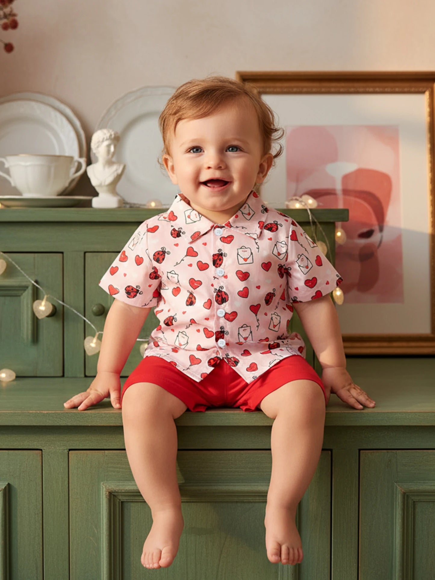 Toddler Boys Valentine's Day Gentleman Outfit Set - Heart Print Shirt & Shorts 1-5Y