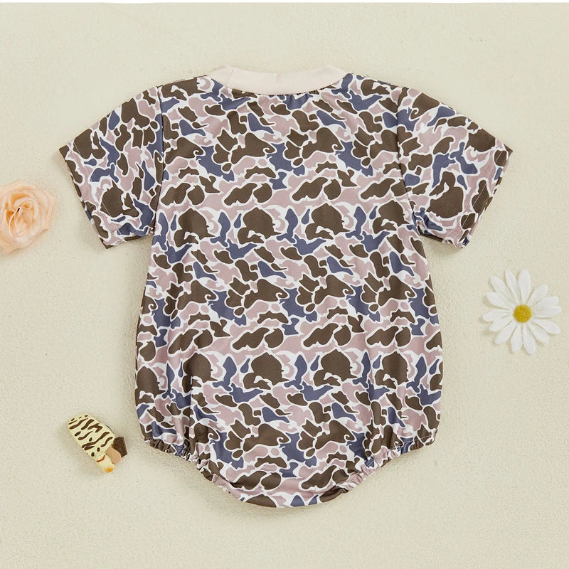 0-18M Summer Casual Baby Boys Romper Camouflage Print Short Sleeve Animal Embroidery Round Neck Jumpsuit