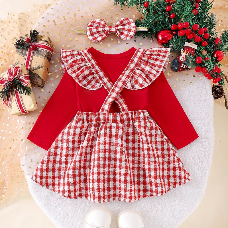 0-18M  Baby Girls Christmas Clothes Sets - Romper Cartoon Doll Embroidery Suspender Skirt Headband