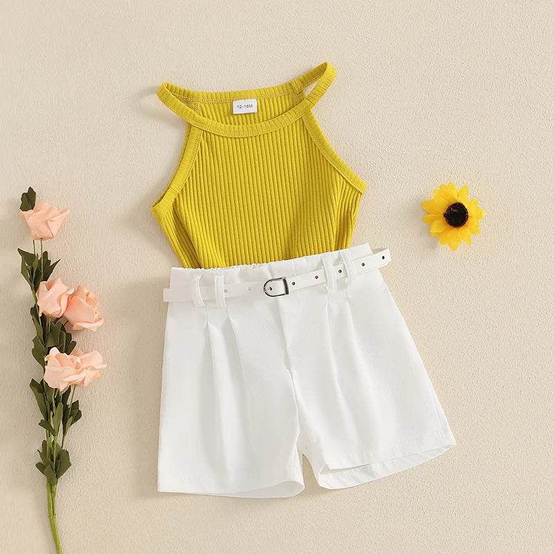 1-5Y Kids Girl's Summer Clothes Set Sleeveless Ribbed Halter Cami Top and Shorts with Belt