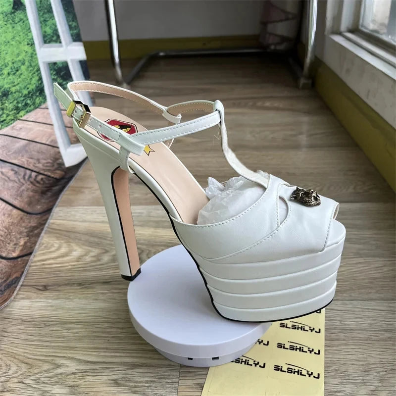 Women's Leather Platform Sandals - Wedge Heel Rivet T-Strap Sandals