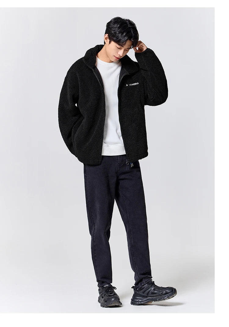 Men's Loose Fit Fleece Jacket - Plush Embroidered Stand Collar Winter Coat