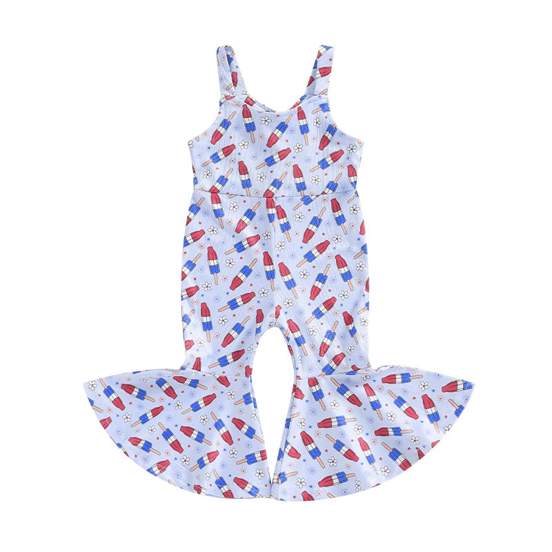 Toddler Kids Girls Jumpsuit - 0-4Y Sleeveless Flower USA Flag Print Bell Bottom Overalls