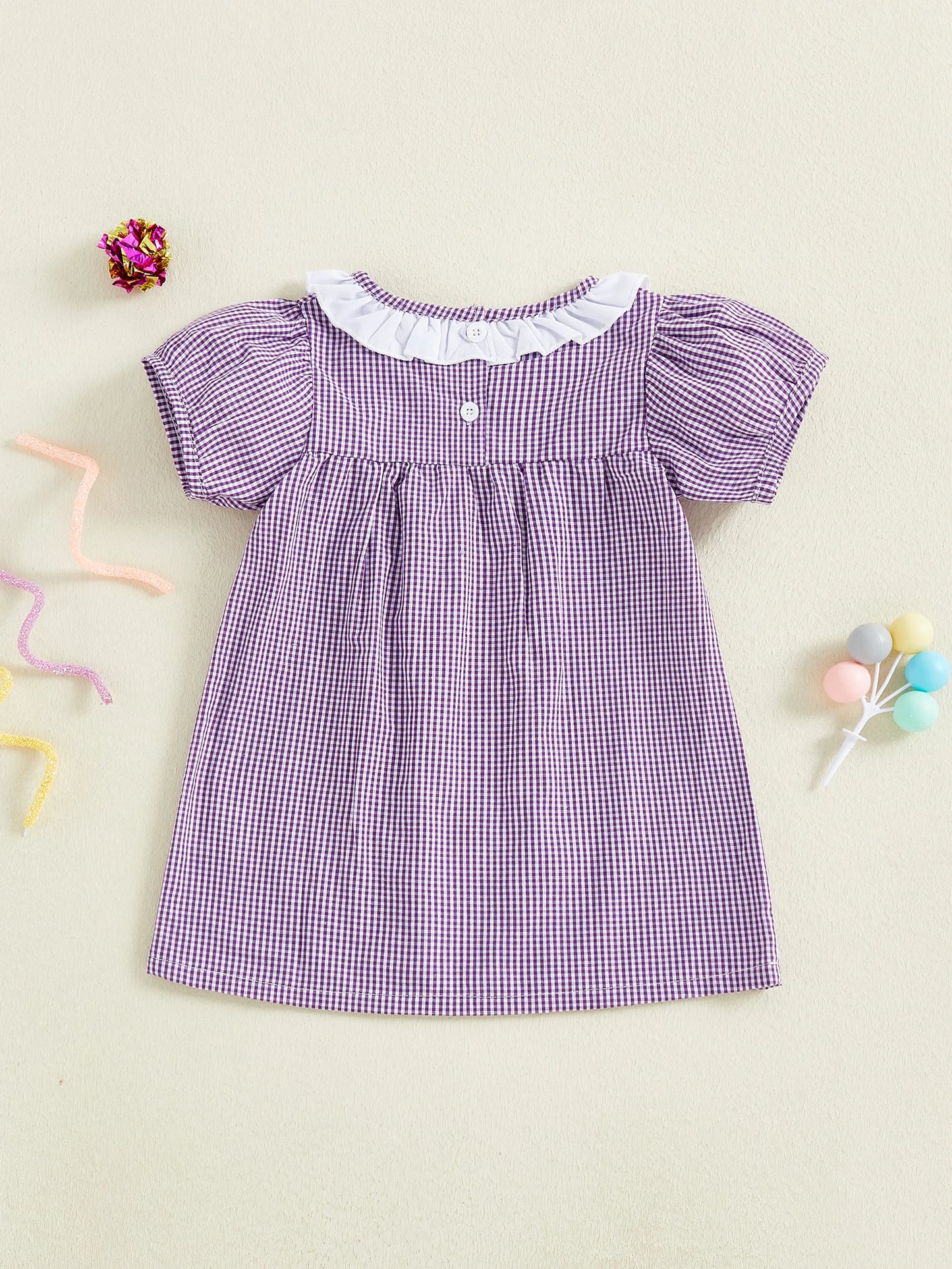 Girls Plaid A-Line Dress - Cartoon Embroidered Ruffle Trim Short Sleeve