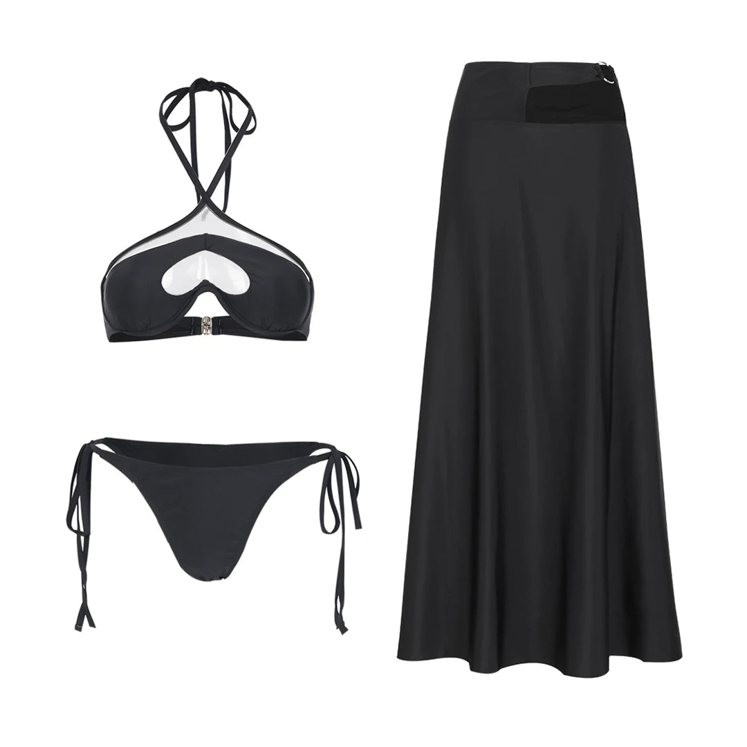 Women's 3-Piece Solid Bikini Set - Padded Bra, Tassel High Waist & Beach Skirt