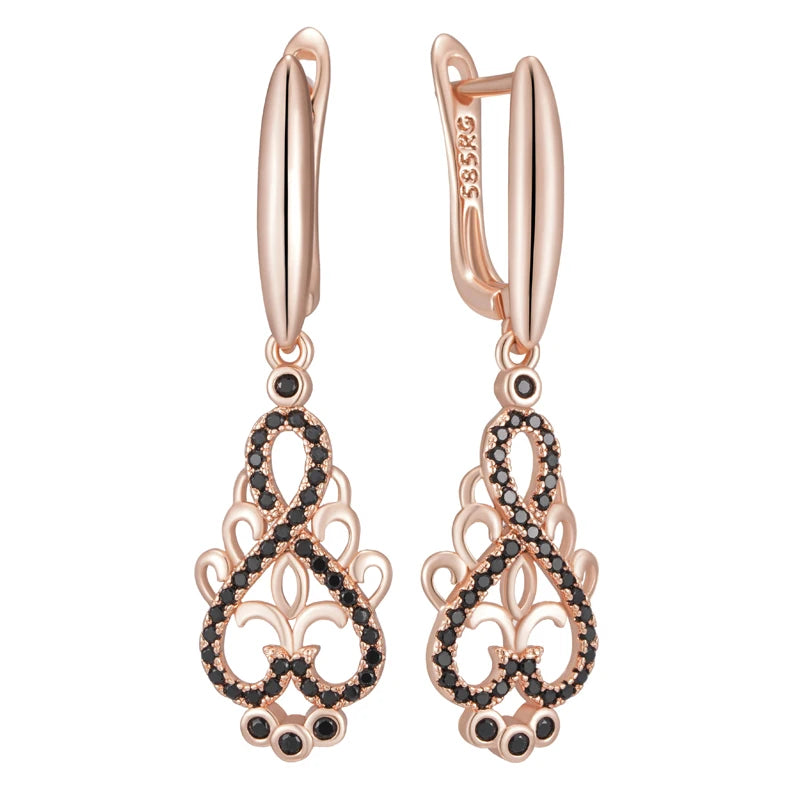 Rose Gold Crystal Flower Long Dangle Earrings - Black Zircon Women's Jewelry