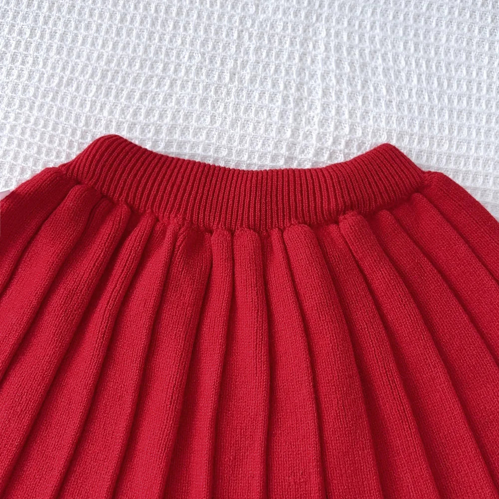 Girl's Diamond Grid Wave Knitted Sweater and Skirt 2-piece Set
