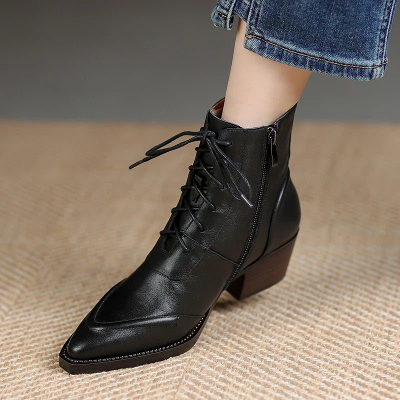 Women's Ankle Lace-up Genuine Leather Thick High Heels  Boots