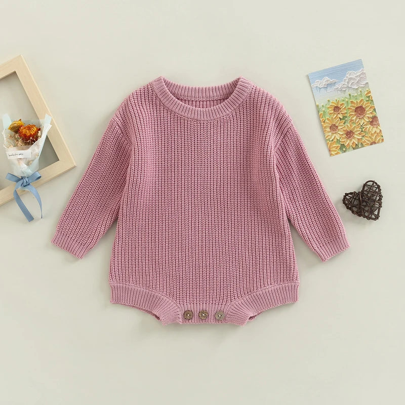 Baby Sweater Romper - Solid Knitted Long Sleeve Pullover Jumpsuit