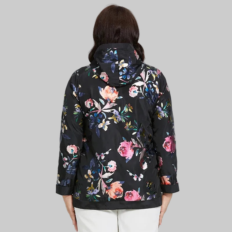 Women's Oversized Hooded Flower Print Zip Windbreaker Jacket