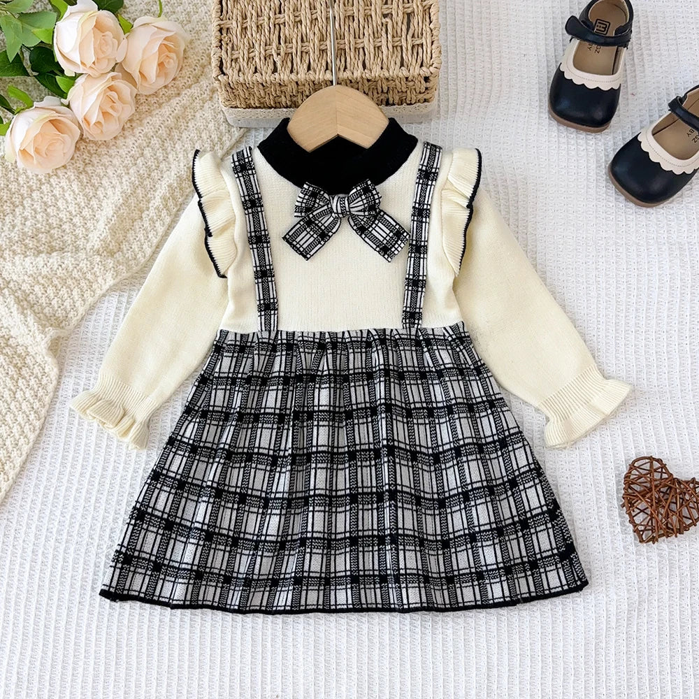 Girl's Long Sleeved Round Neck  with Checkered Bow Patchwork Dress