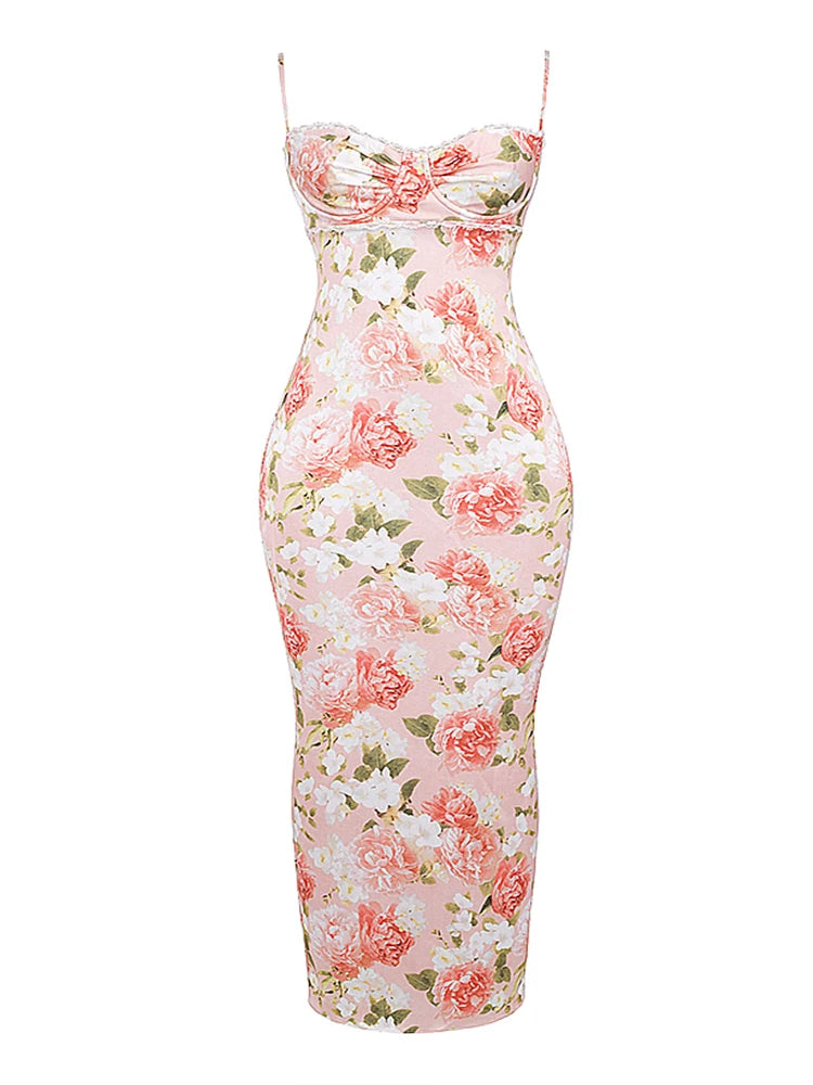 Summer Long Party Dress - Pink Peony Print Maxi Elegant Spaghetti Strap Dress