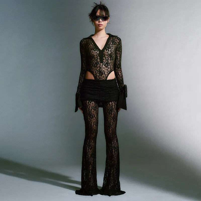 Women's Hollow Out Lace Sheer Flare  Trousers