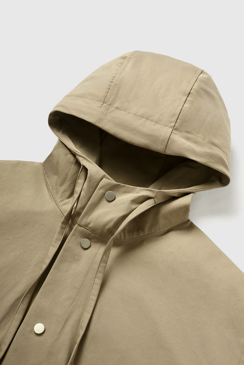 Men's Stretch Mid-Length Cargo Jacket Coat -  Loose-Fit Hooded Windbreaker Trench Coat